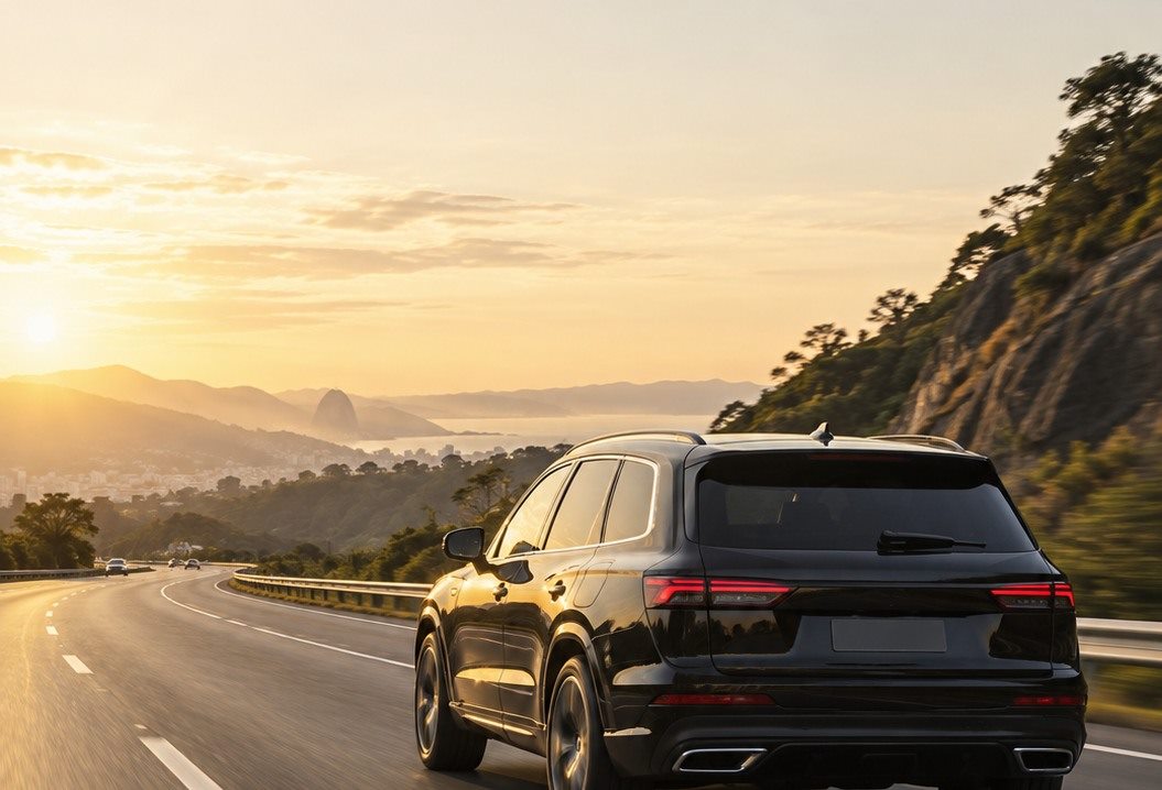 SUV preto em rodovia ao entardecer, com a serra e o mar ao fundo.
