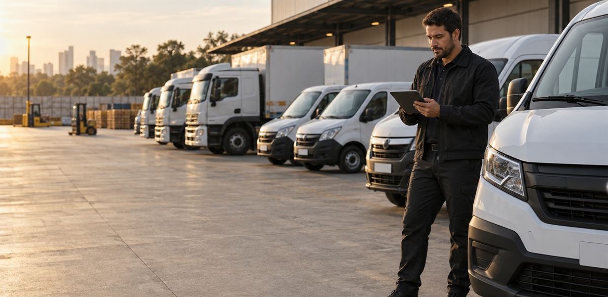 Gestor de frota consulta um tablet ao lado de vans e caminhões estacionados em um pátio logístico ao entardecer.
